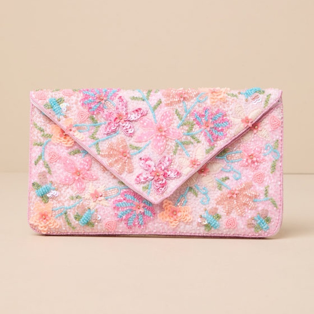 Lulus Beautiful Aspirations Pink Floral Sequin Beaded Clutch - Size One Size